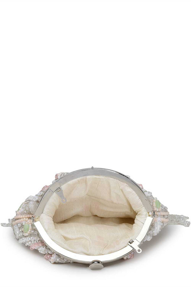 White Embellished Faux Silk Clutch