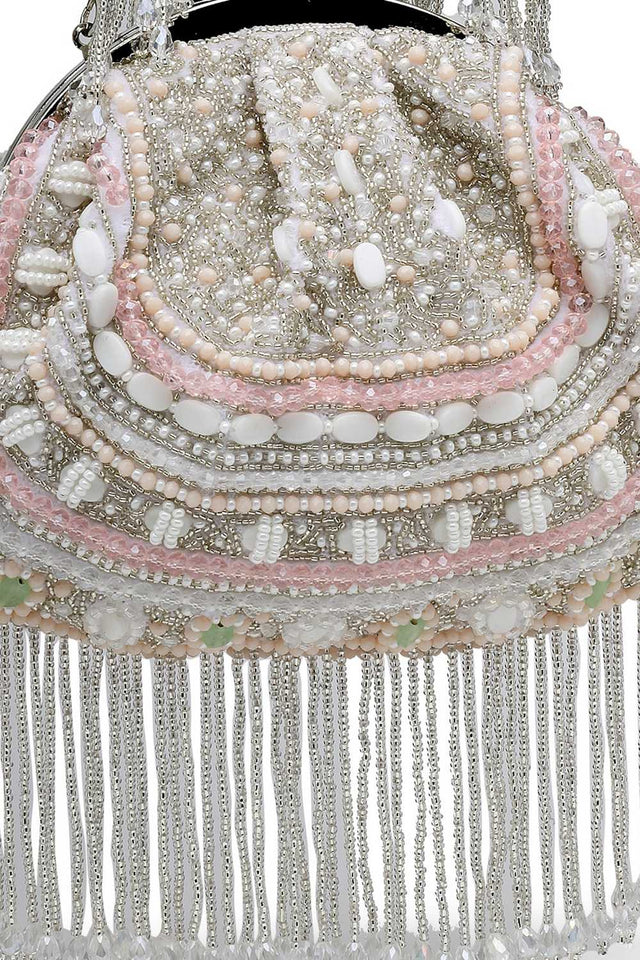 White Embellished Faux Silk Clutch