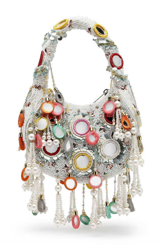 White Embellished Velvet Handbag