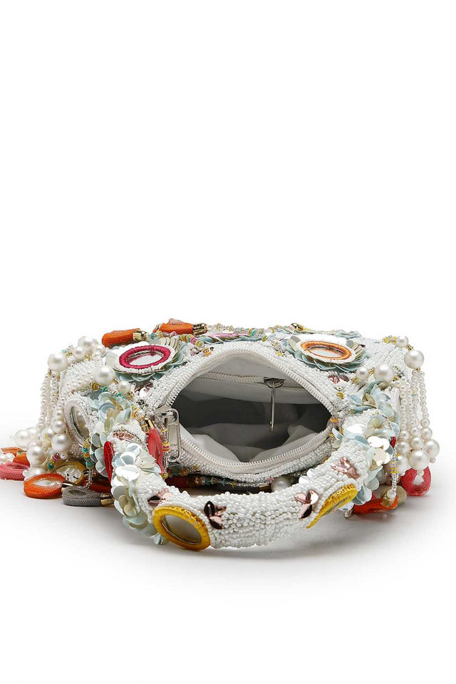 White Embellished Velvet Handbag