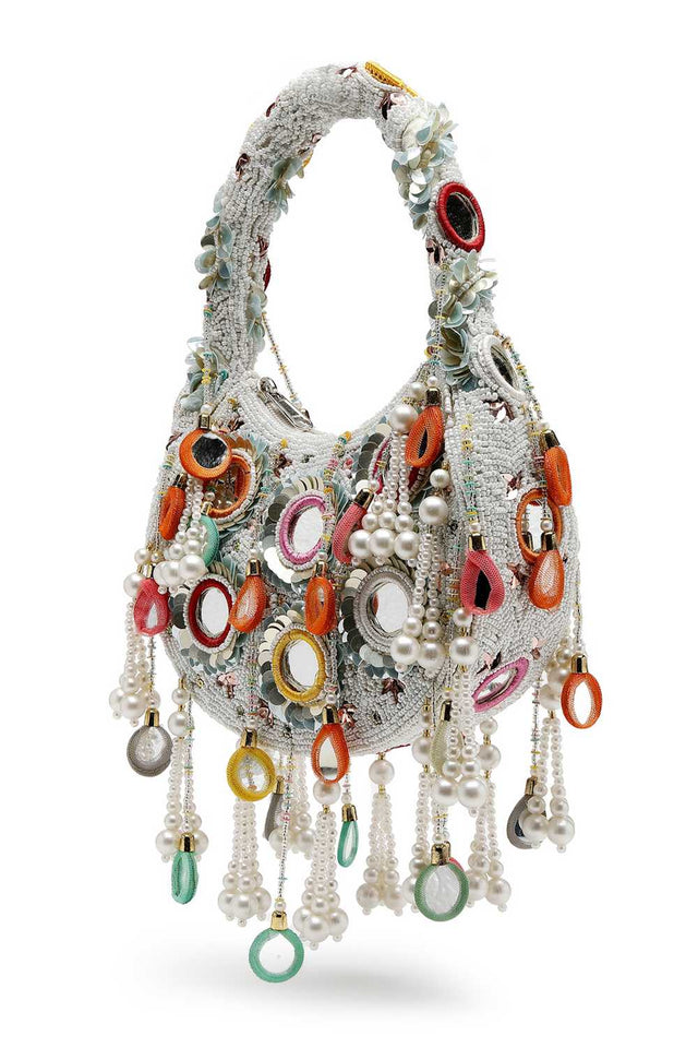 White Embellished Velvet Handbag