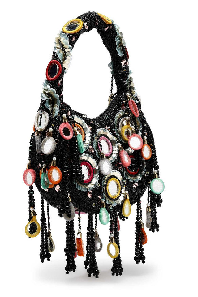 Black Embellished Velvet Handbag