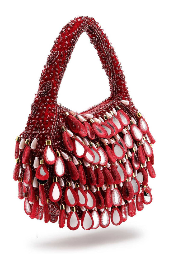 Maroon Embellished Velvet Handbag