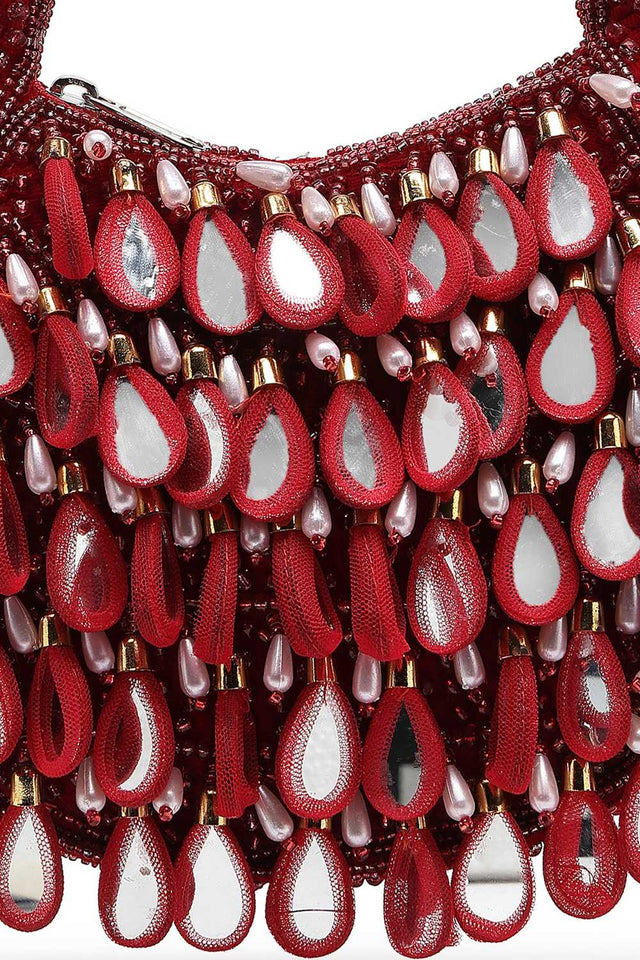 Maroon Embellished Velvet Handbag