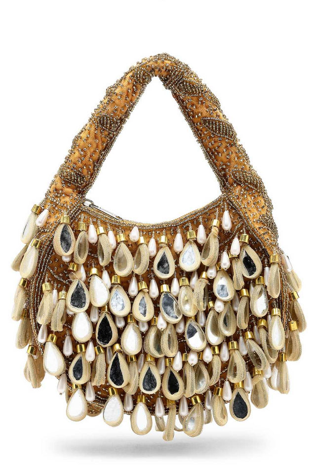 Brown Embellished Velvet Handbag