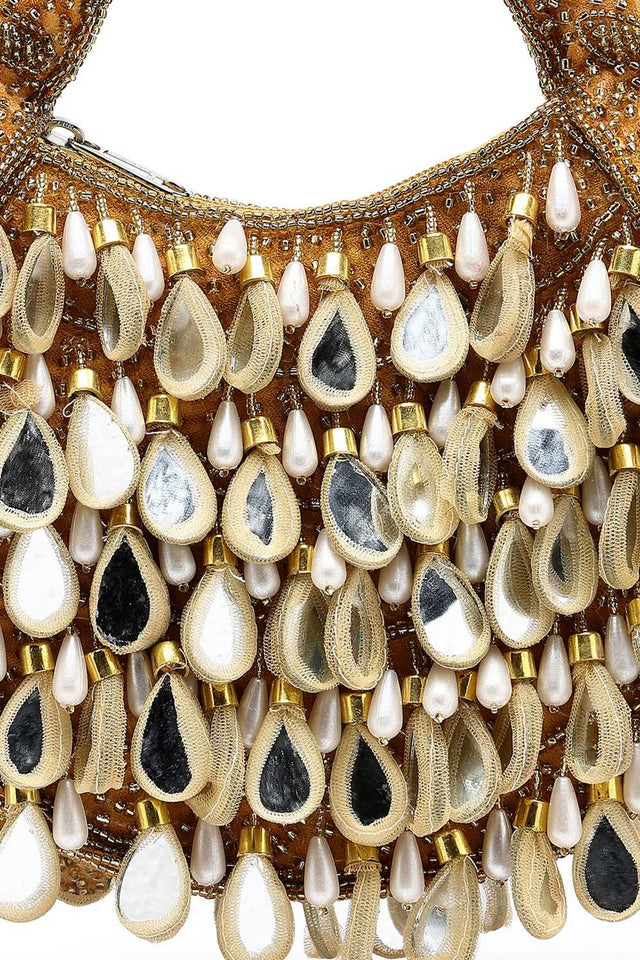 Brown Embellished Velvet Handbag