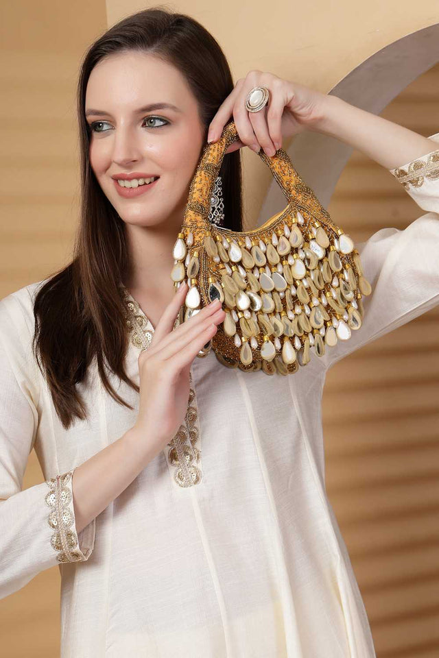 Brown Embellished Velvet Handbag