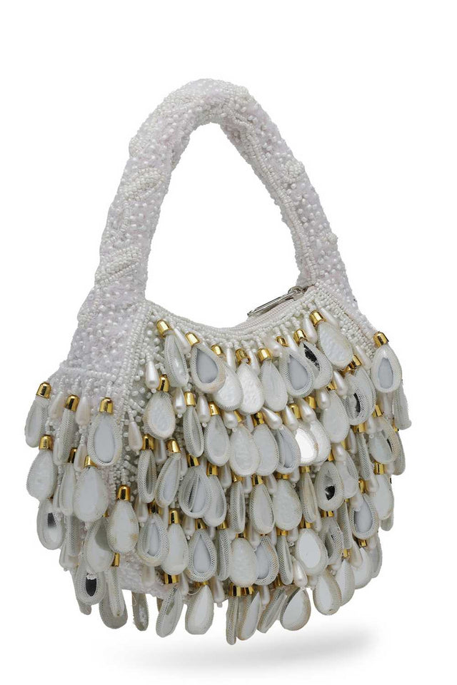 White Embellished Velvet Handbag