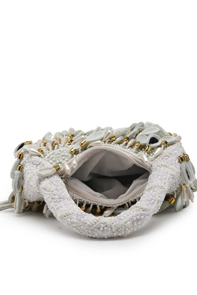 White Embellished Velvet Handbag