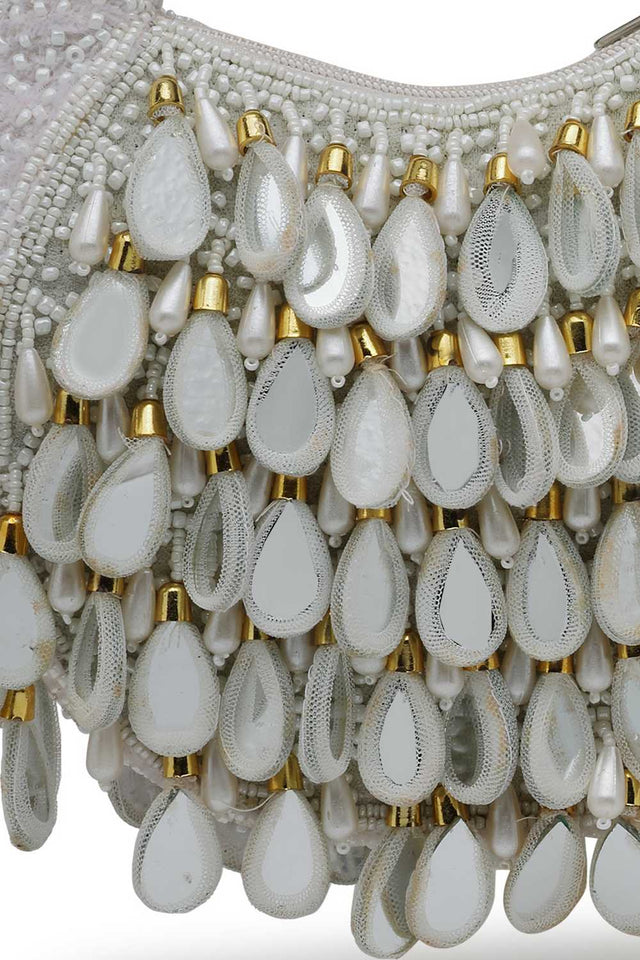 White Embellished Velvet Handbag