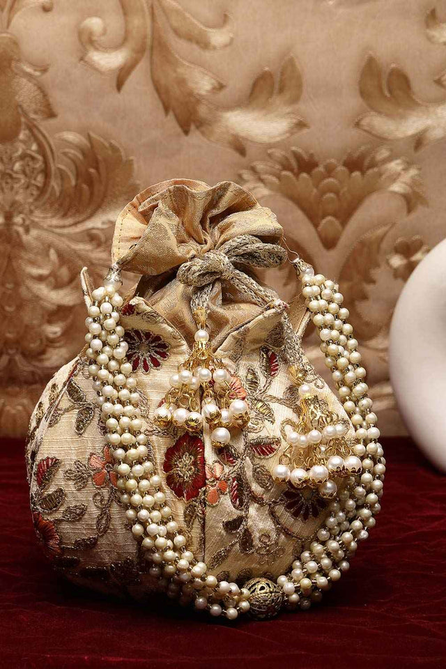 Lotus Beige And Multi Floral Embellished Faux Silk Potli (ADCL2340A)
