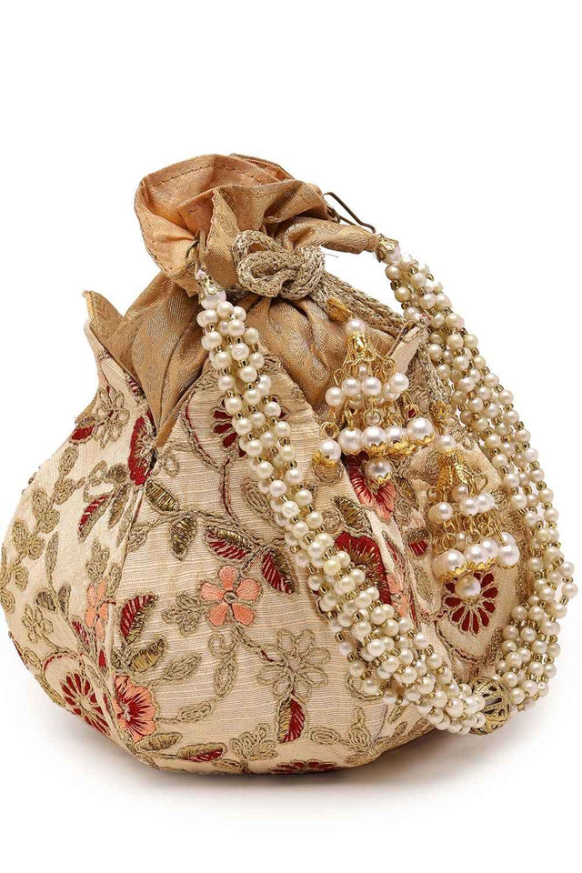 Lotus Beige And Multi Floral Embellished Faux Silk Potli (ADCL2340A)