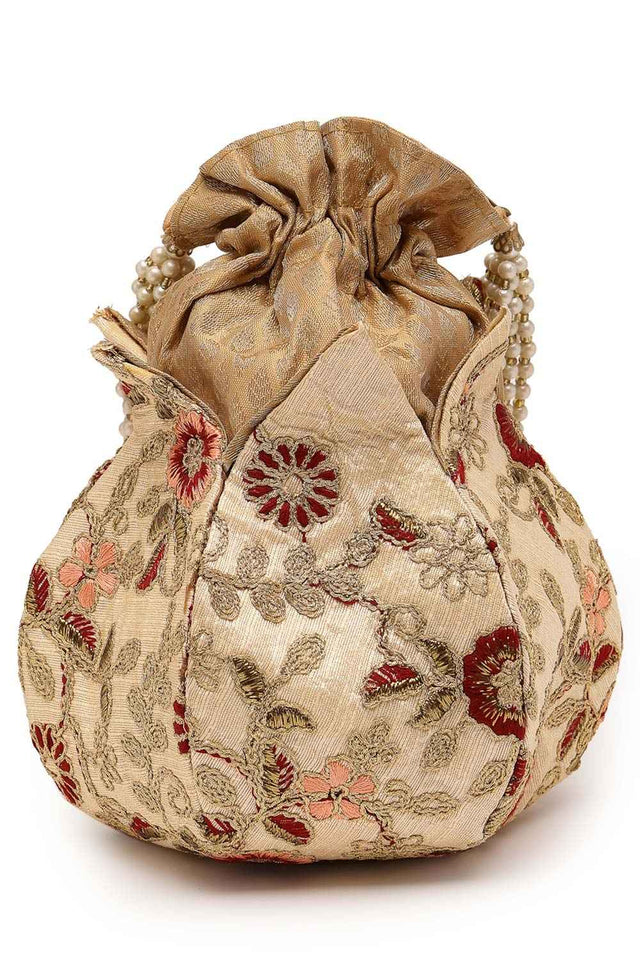 Lotus Beige And Multi Floral Embellished Faux Silk Potli (ADCL2340A)
