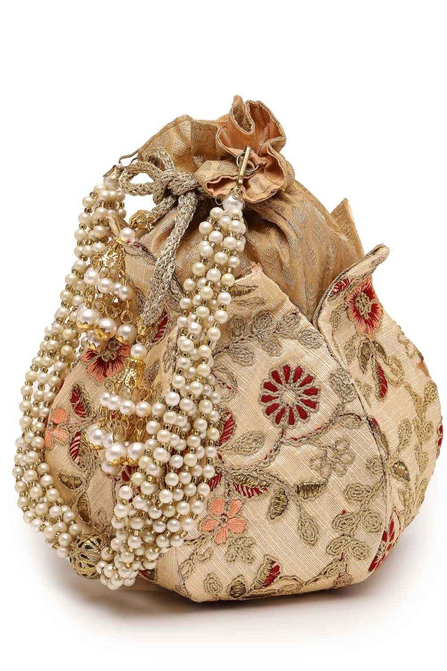Lotus Beige And Multi Floral Embellished Faux Silk Potli (ADCL2340A)