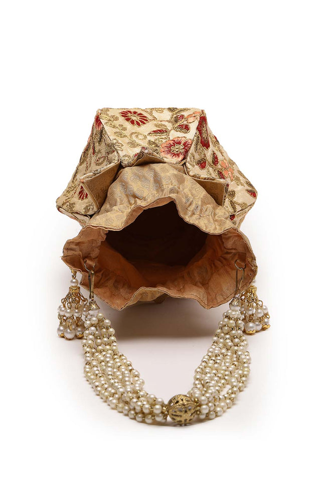 Lotus Beige And Multi Floral Embellished Faux Silk Potli (ADCL2340A)
