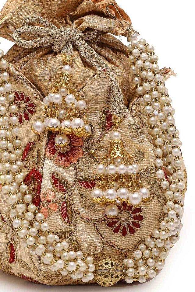 Lotus Beige And Multi Floral Embellished Faux Silk Potli (ADCL2340A)