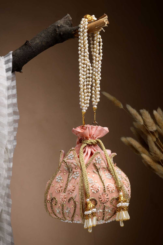 Peach Embellished Velvet Potli