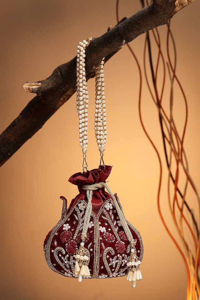 Maroon Embellished Velvet Potli