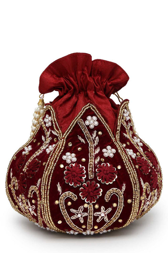 Maroon Embellished Velvet Potli