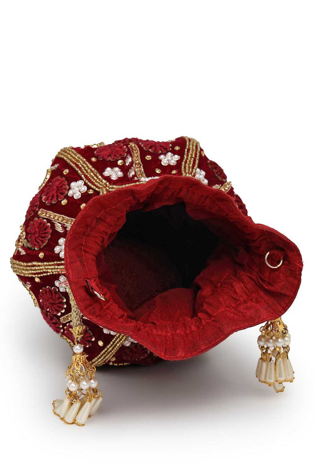 Maroon Embellished Velvet Potli