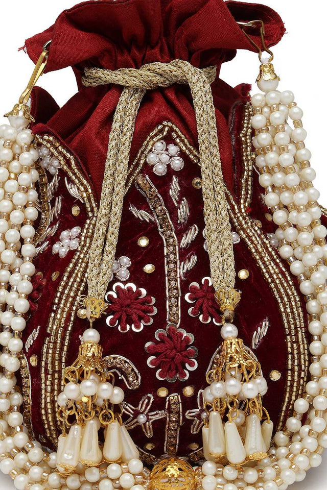 Maroon Embellished Velvet Potli