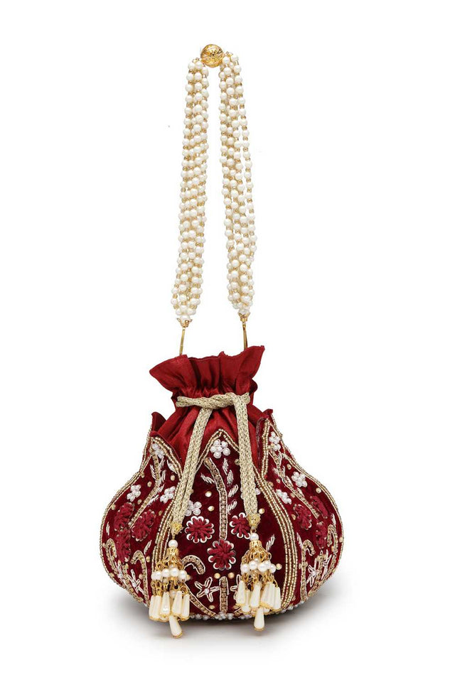 Maroon Embellished Velvet Potli