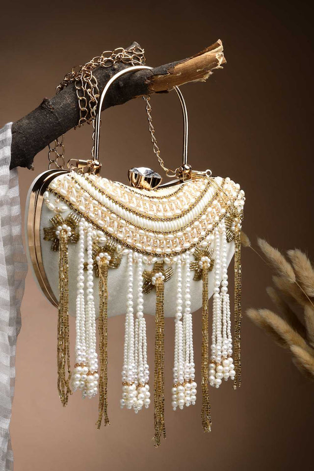 White Embellished Velvet Clutch