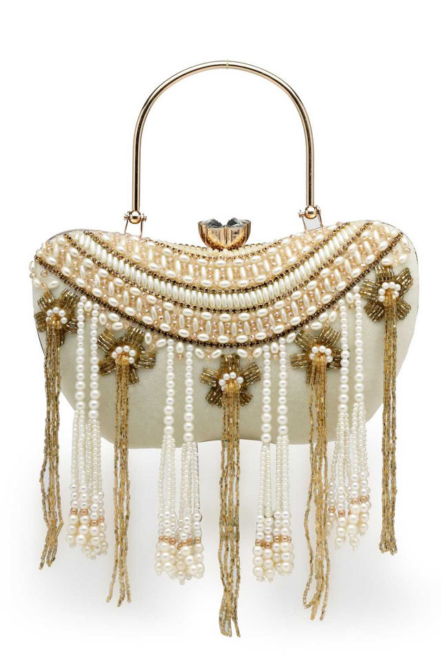 White Embellished Velvet Clutch