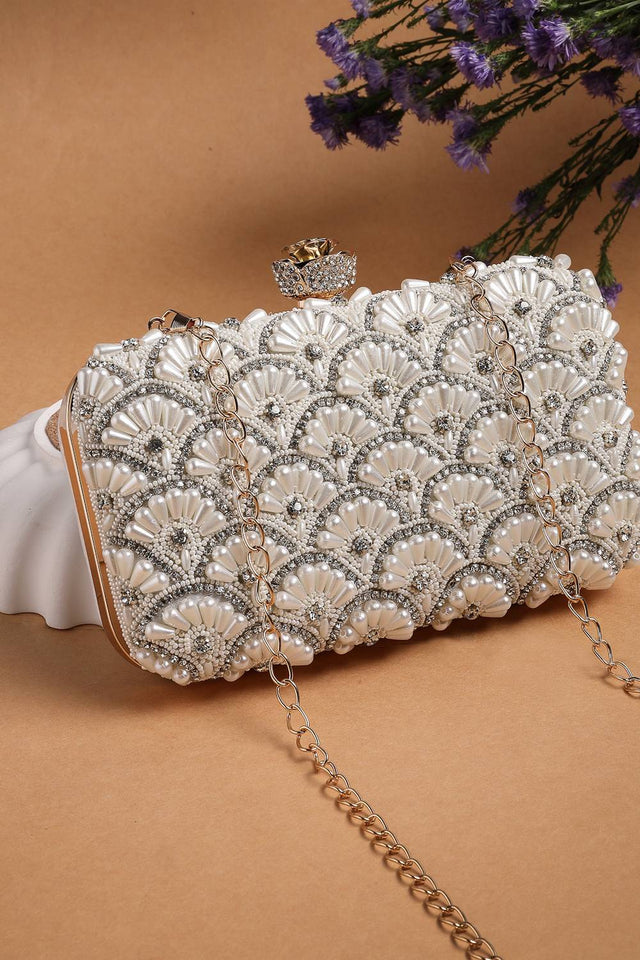 Multi Color Beads Embossed Faux Silk Clutch