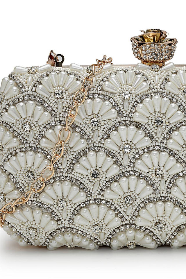 Multi Color Beads Embossed Faux Silk Clutch