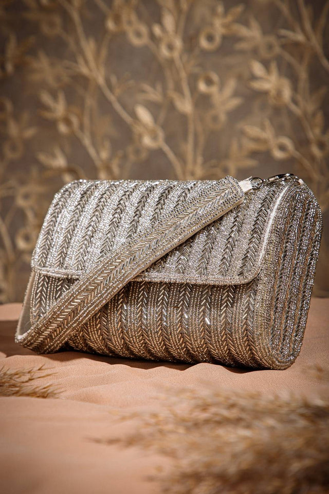 Silver Beads Embossed Faux Silk Clutch