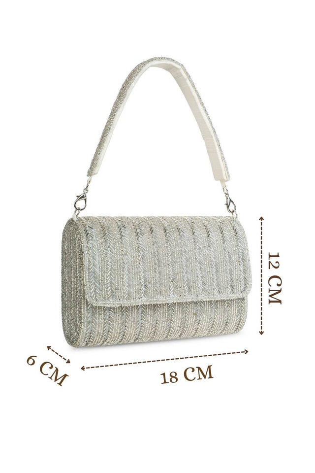 Silver Beads Embossed Faux Silk Clutch