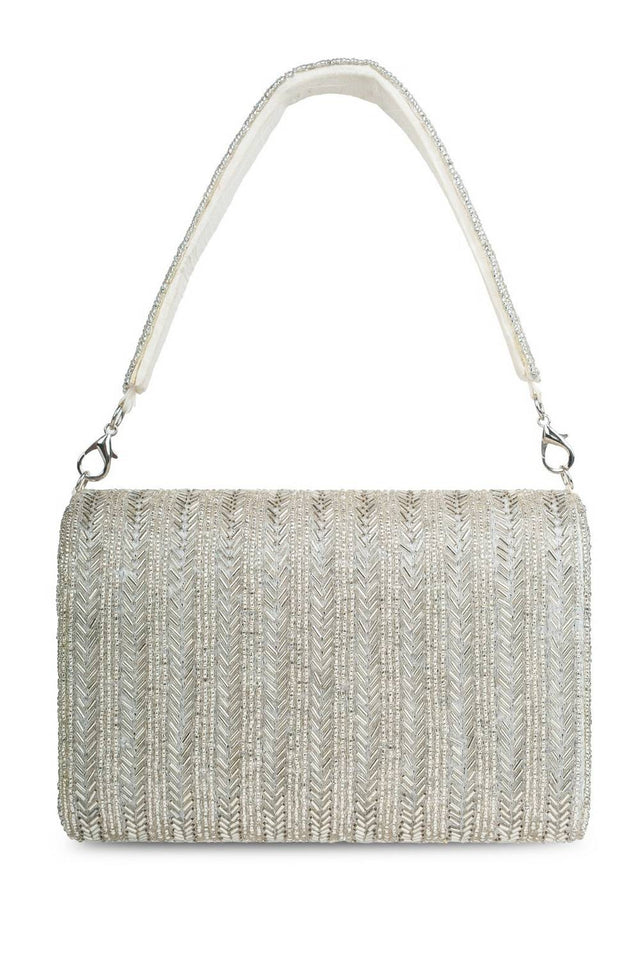 Silver Beads Embossed Faux Silk Clutch