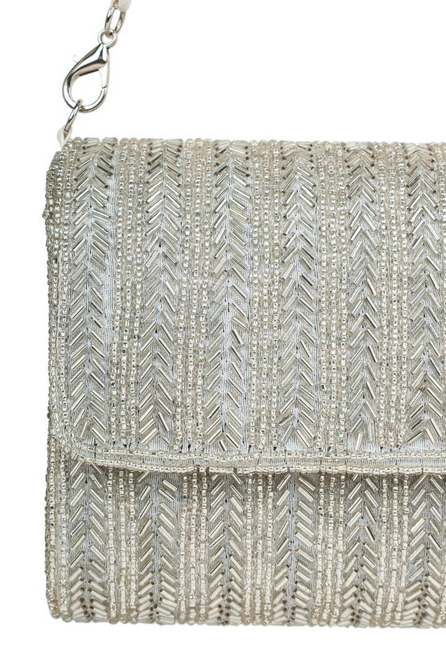 Silver Beads Embossed Faux Silk Clutch