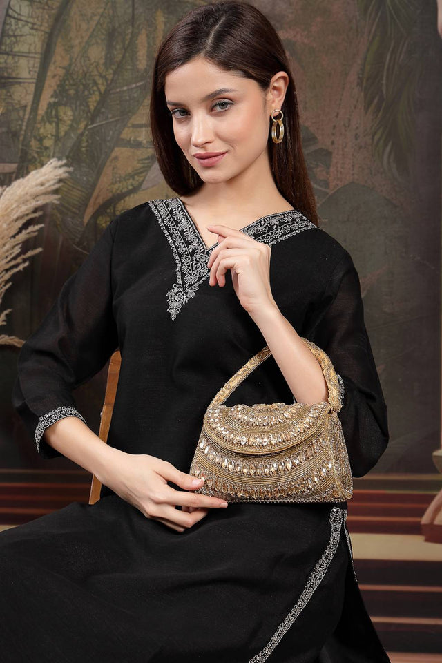 Gold Beads Embossed SILK Clutch