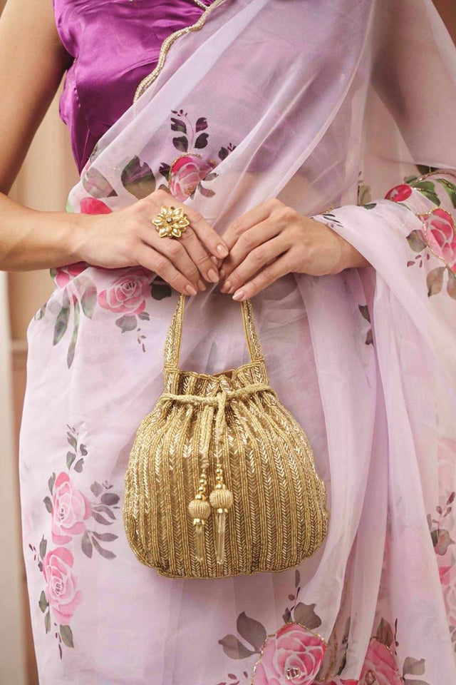 Gold Beads Embossed Faux Silk Potli