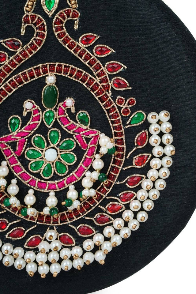 Multi Color Beads Embossed Faux Silk Clutch