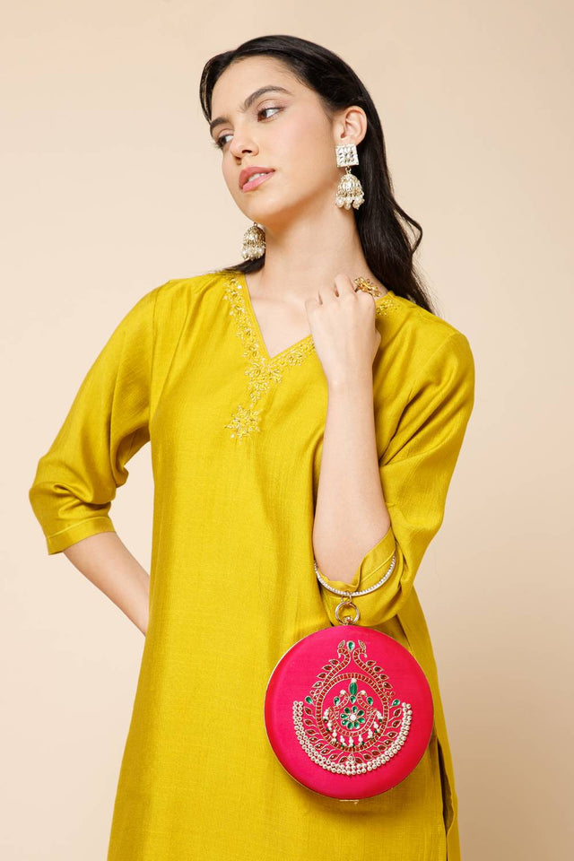 Multi Color Beads Embossed Faux Silk Clutch