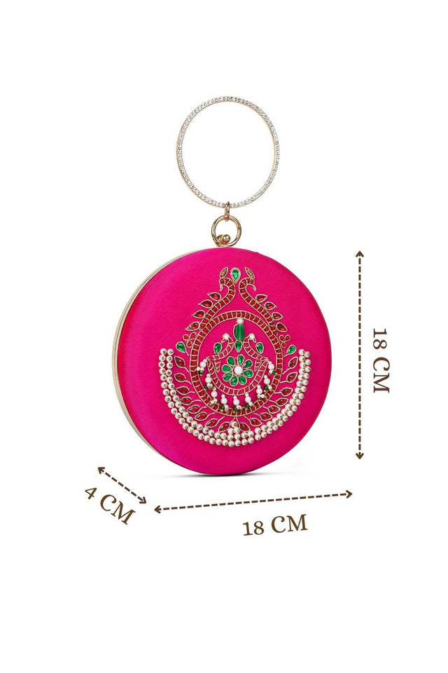 Multi Color Beads Embossed Faux Silk Clutch