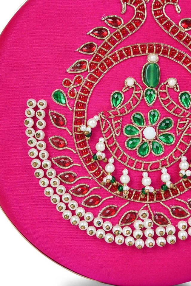 Multi Color Beads Embossed Faux Silk Clutch