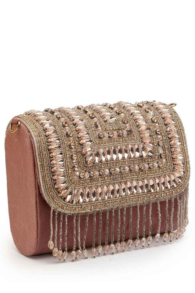 Droop Mauve And Rose Gold Stone Embellished Suede Clutch