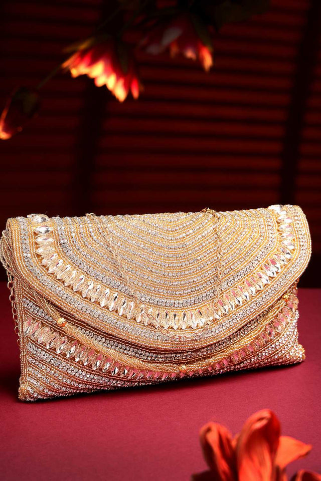 Yellow Embellished Faux Silk Clutch