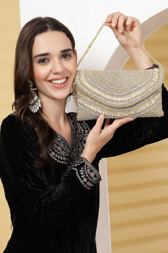 Yellow Embellished Faux Silk Clutch