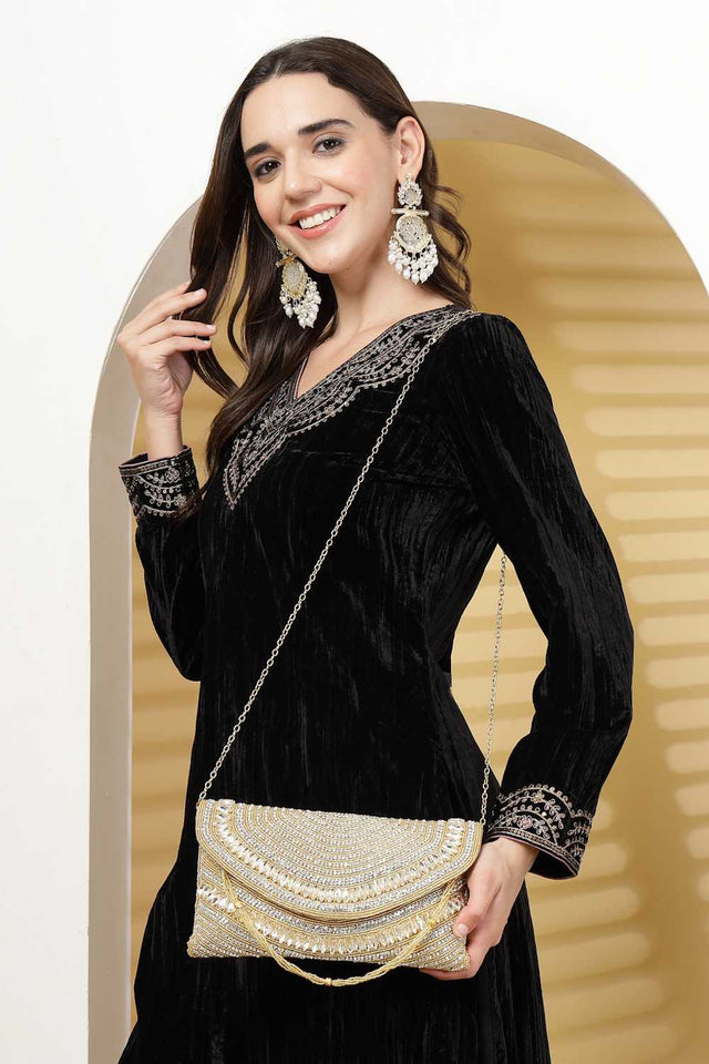 Yellow Embellished Faux Silk Clutch