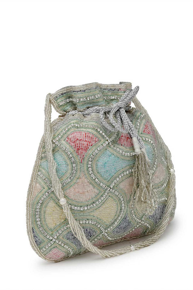Silver Embellished Faux Silk Potli (ADCL3113A)