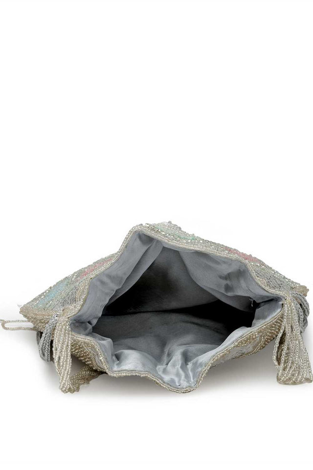 Silver Embellished Faux Silk Potli (ADCL3113A)