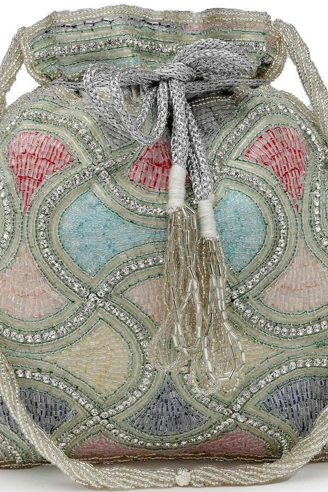 Silver Embellished Faux Silk Potli (ADCL3113A)