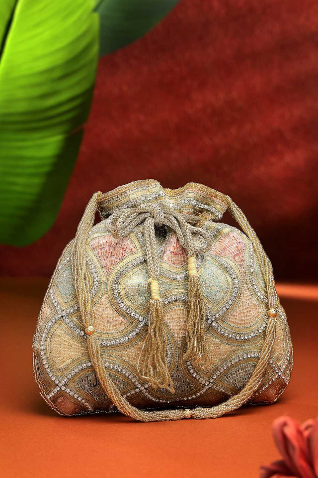 Gold Embellished Faux Silk Potli