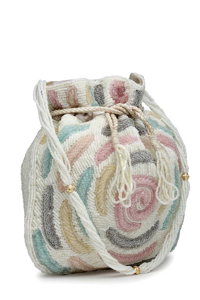 White Embellished Faux Silk Potli