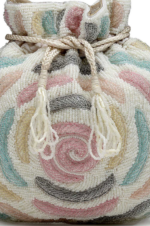 White Embellished Faux Silk Potli